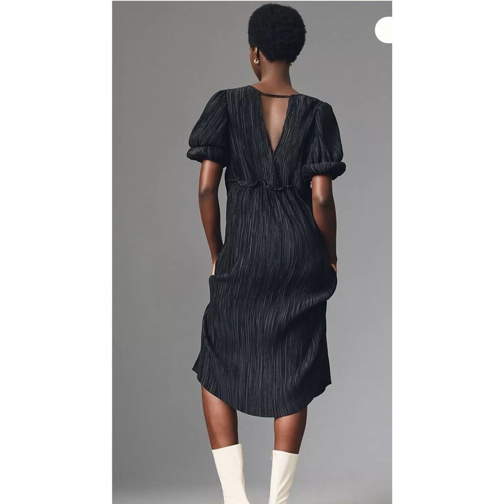 Anthropologie V-Neck Pleated Slim Midi Dress Womens S Black Open Back Cut Out - Picture 2 of 8